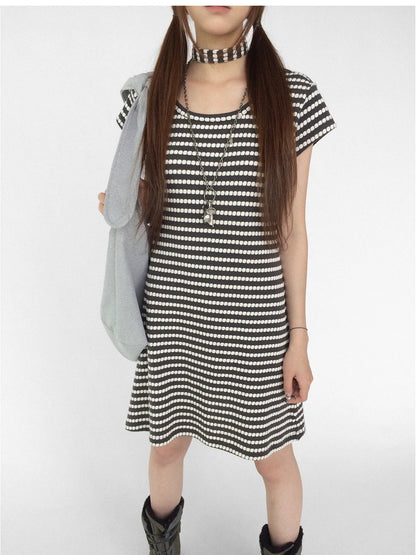 Textured Stripe Tie Front A Line Knit Dress With Flutter Sleeves