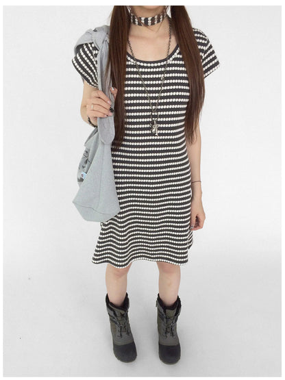 Textured Stripe Tie Front A Line Knit Dress With Flutter Sleeves