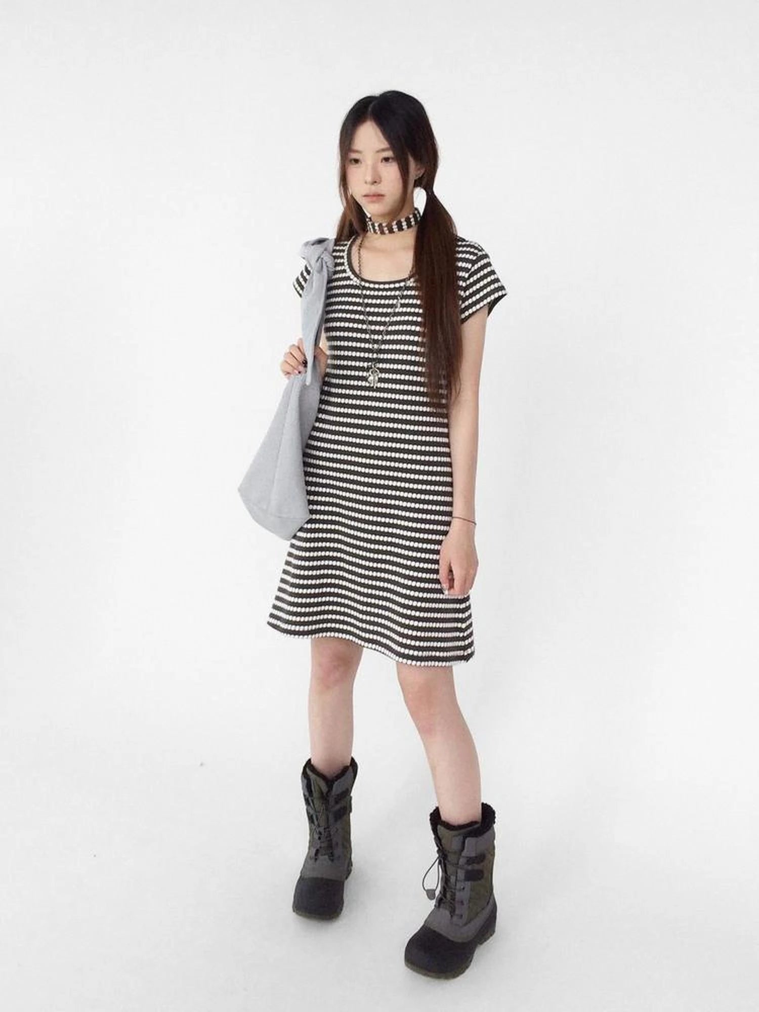 Textured Stripe Tie Front A Line Knit Dress With Flutter Sleeves