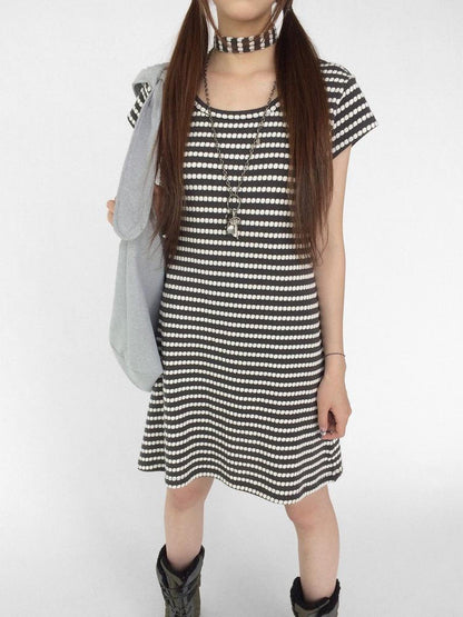 innomoood Textured Stripe Tie Front A Line Knit Dress With Flutter Sleeves