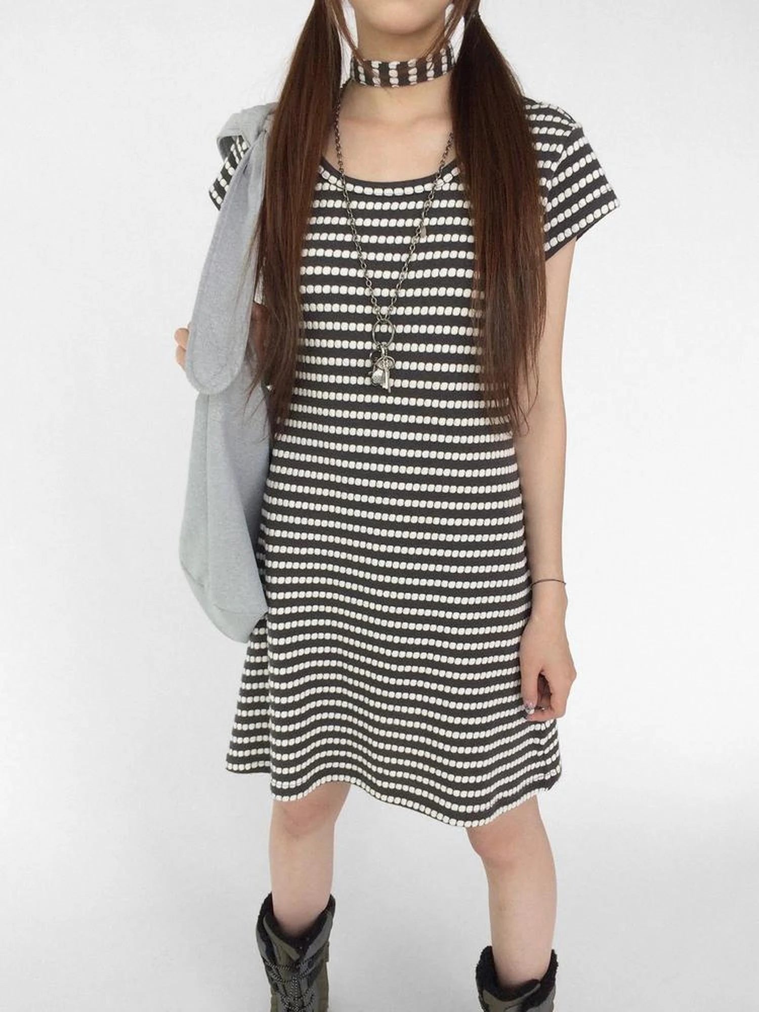 Textured Stripe Tie Front A Line Knit Dress With Flutter Sleeves