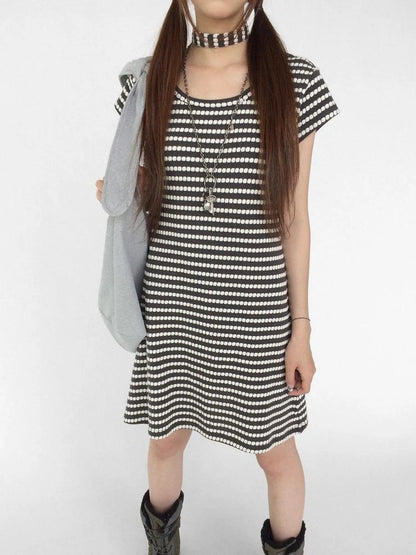 Textured Stripe Tie Front A Line Knit Dress With Flutter Sleeves