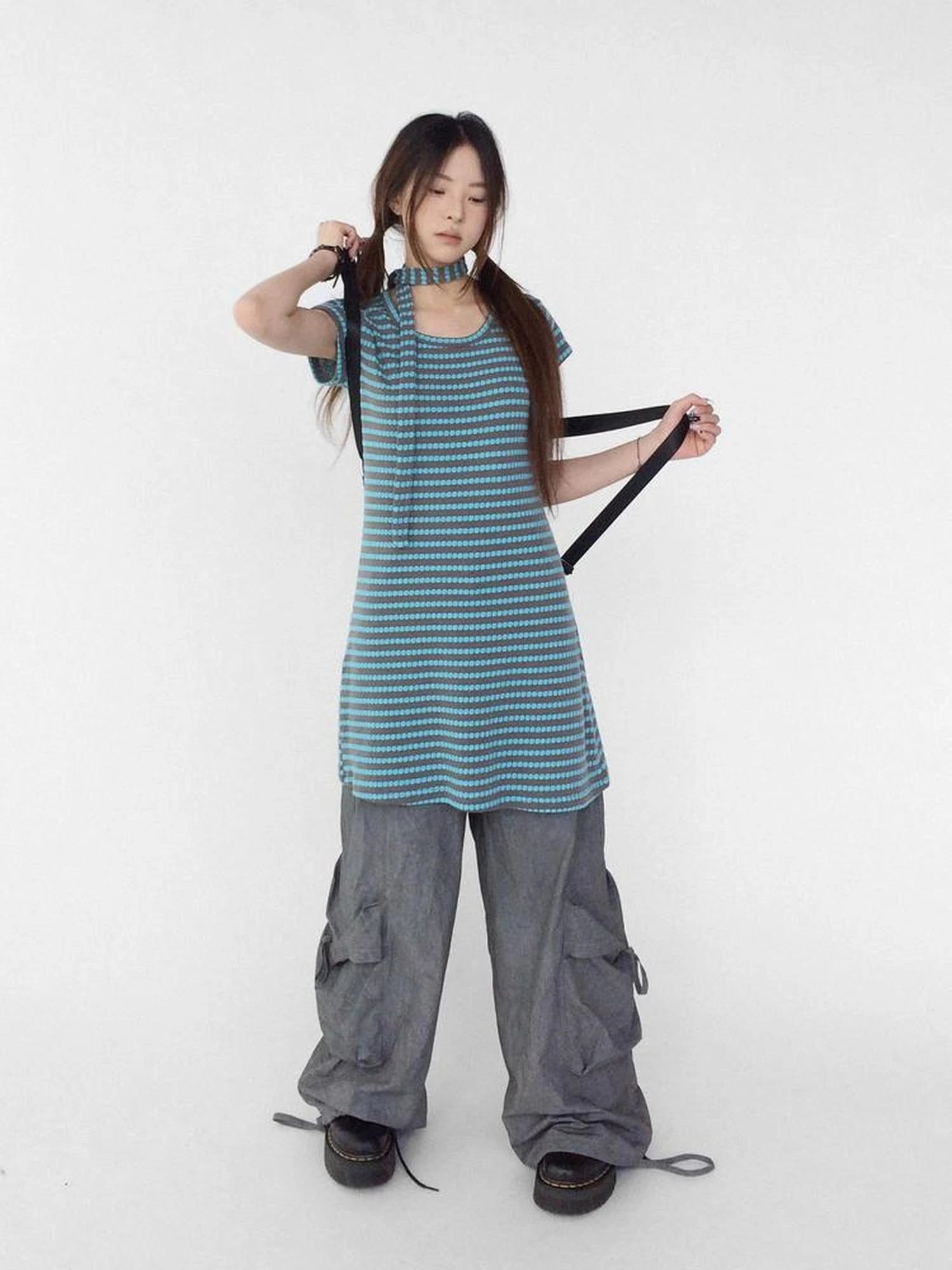 Textured Stripe Tie Front A Line Knit Dress With Flutter Sleeves