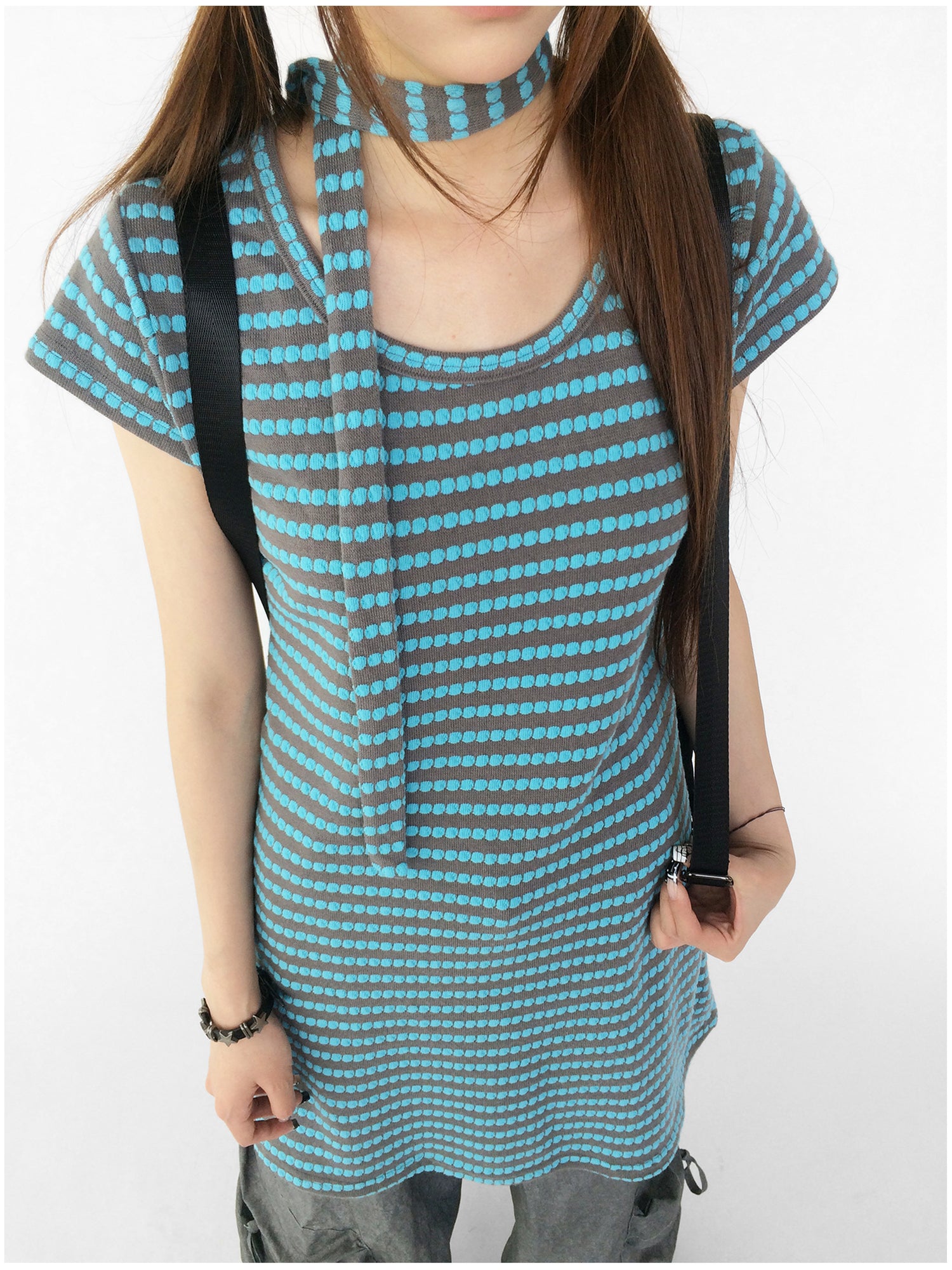 innomoood Textured Stripe Tie Front A Line Knit Dress With Flutter Sleeves