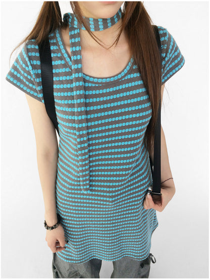 innomoood Textured Stripe Tie Front A Line Knit Dress With Flutter Sleeves