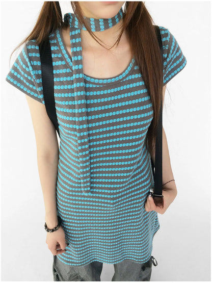 Textured Stripe Tie Front A Line Knit Dress With Flutter Sleeves