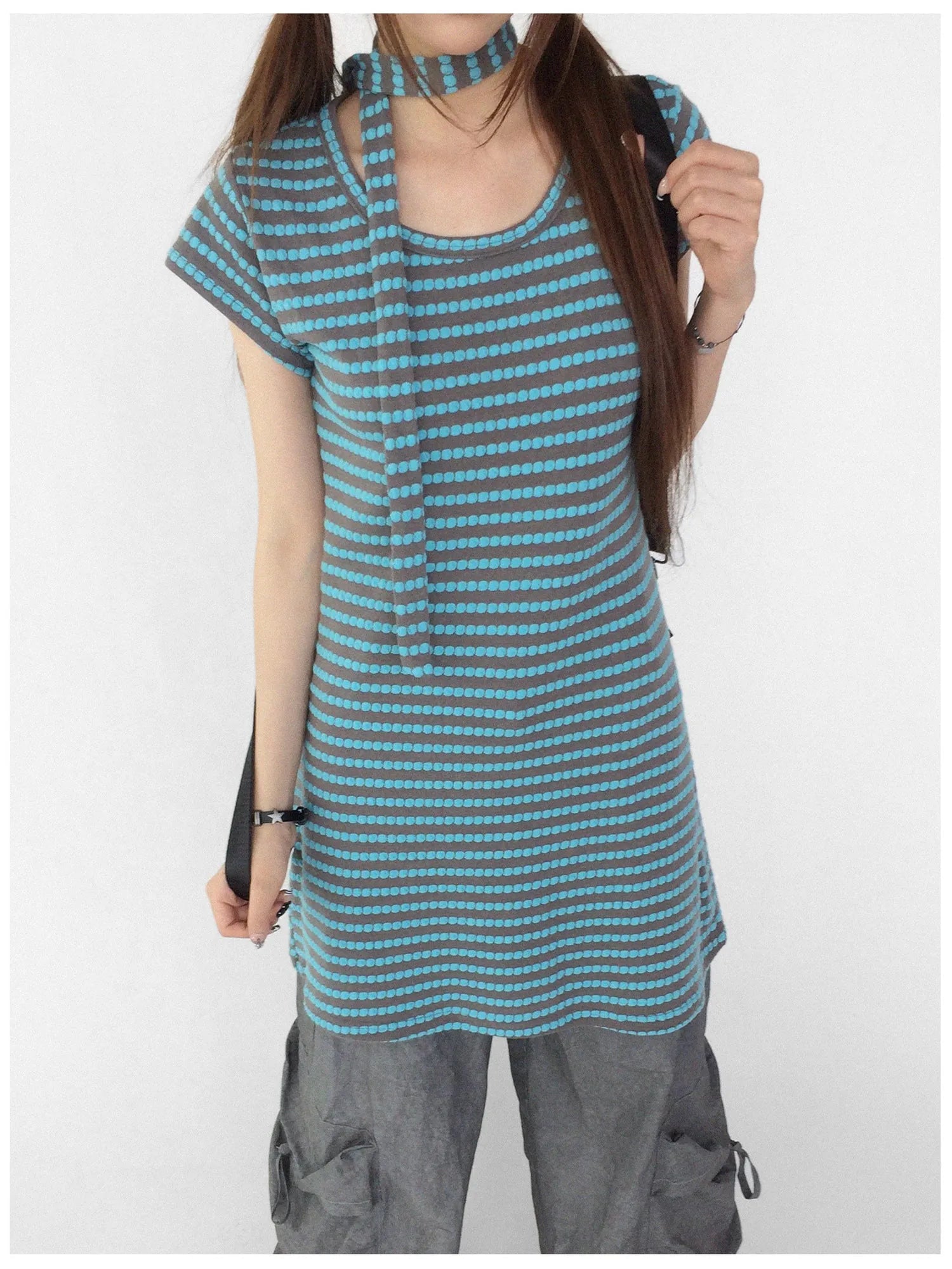 Textured Stripe Tie Front A Line Knit Dress With Flutter Sleeves