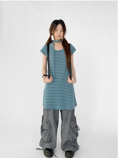 Textured Stripe Tie Front A Line Knit Dress With Flutter Sleeves