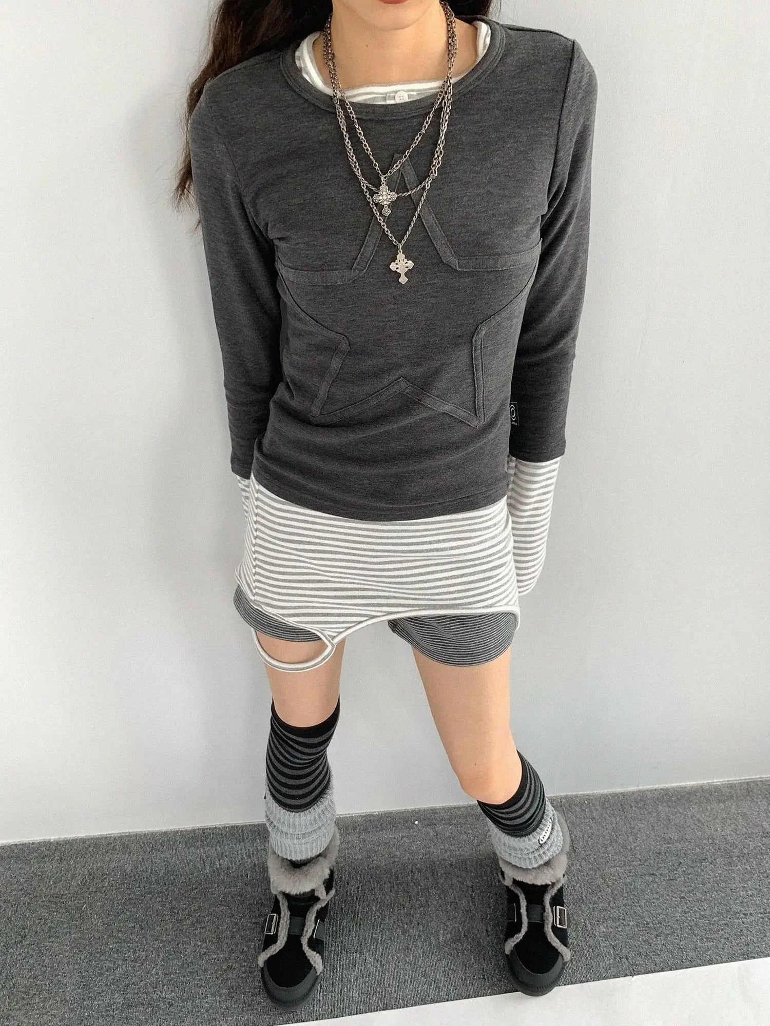 Thermal Teddy Y2k Layering Top V-neck T-shirt Long Sleeve