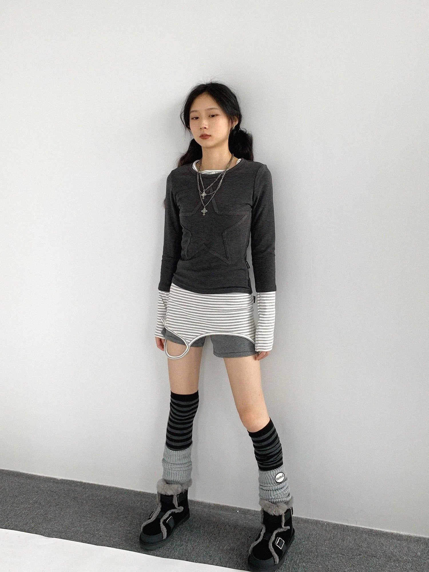 innomoood Thermal Teddy Y2k Layering Top V-neck T-shirt Long Sleeve