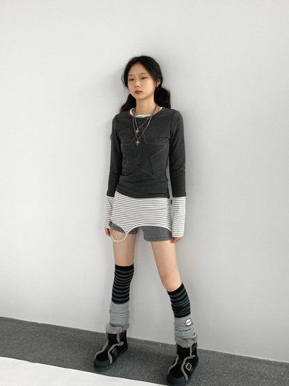 Thermal Teddy Y2k Layering Top V-neck T-shirt Long Sleeve
