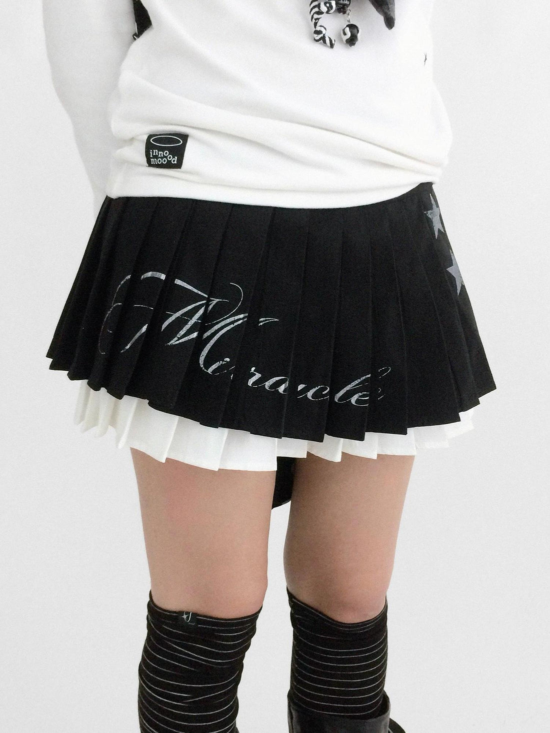 innomoood Tie Waist Pleated Preppy Mid Rise Casual Women Printed Polyester Mini Skirt