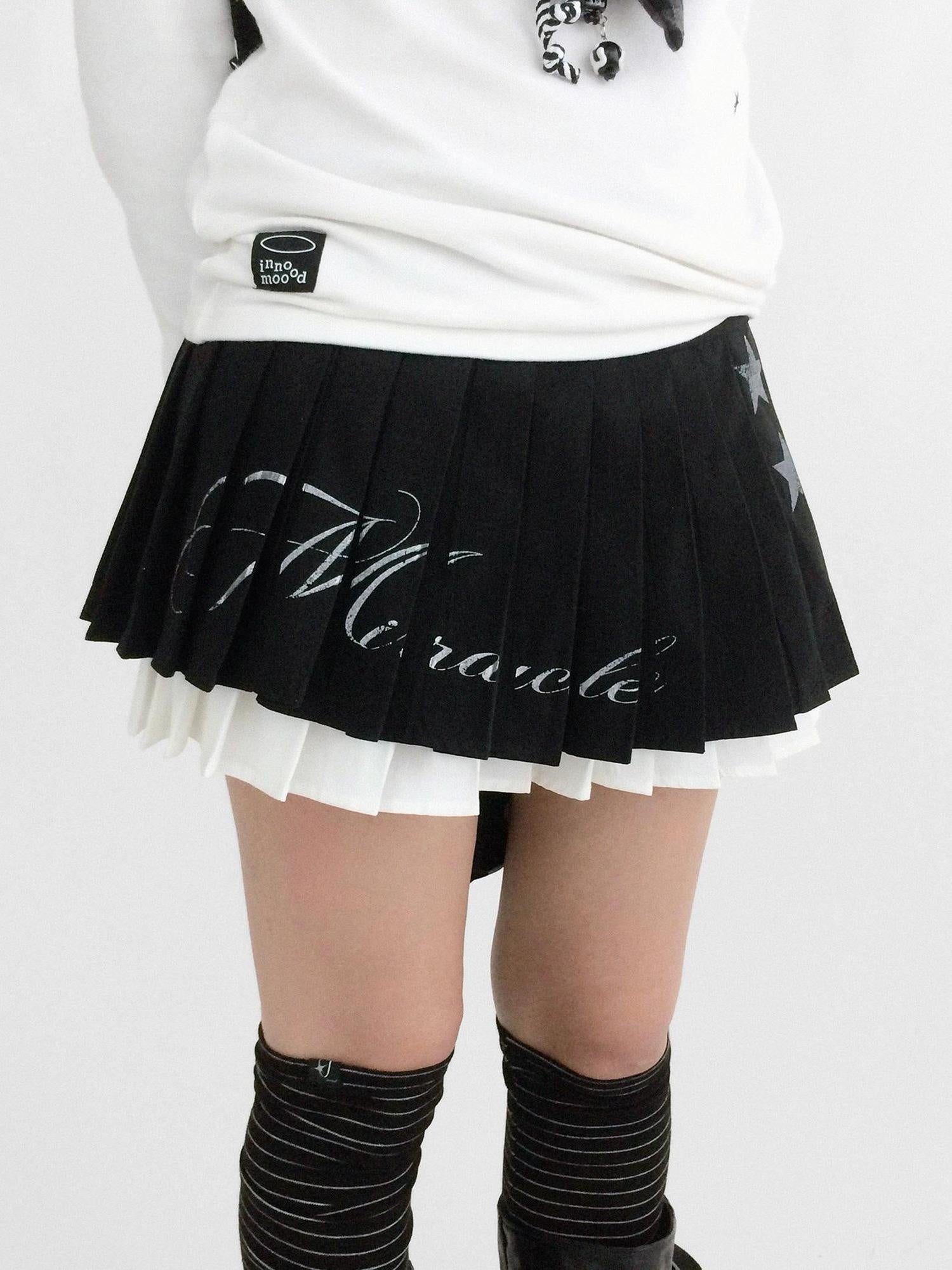innomoood Tie Waist Pleated Preppy Mid Rise Casual Women Printed Polyester Mini Skirt