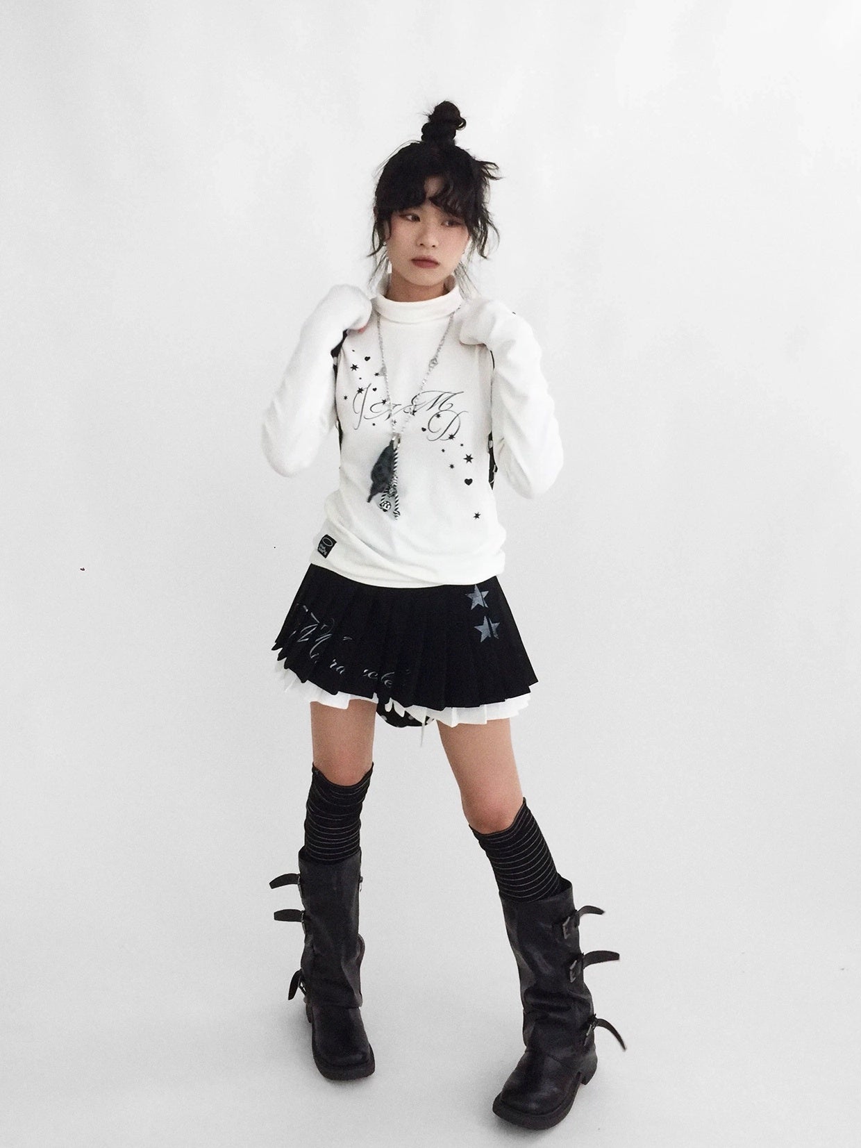 innomoood Tie Waist Pleated Preppy Mid Rise Casual Women Printed Polyester Mini Skirt