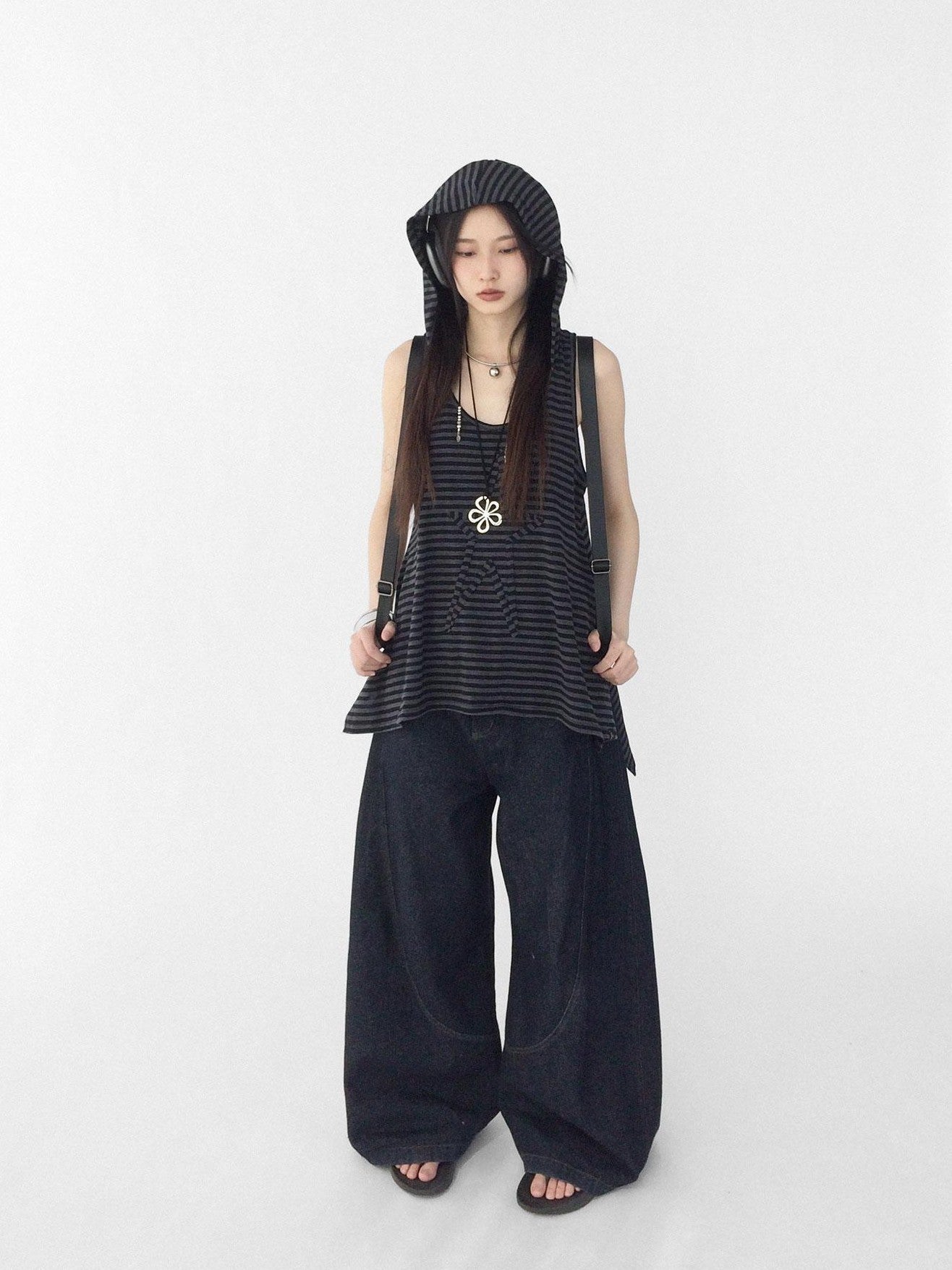 innomoood Tone On Tone Striped Star Hooded Women&