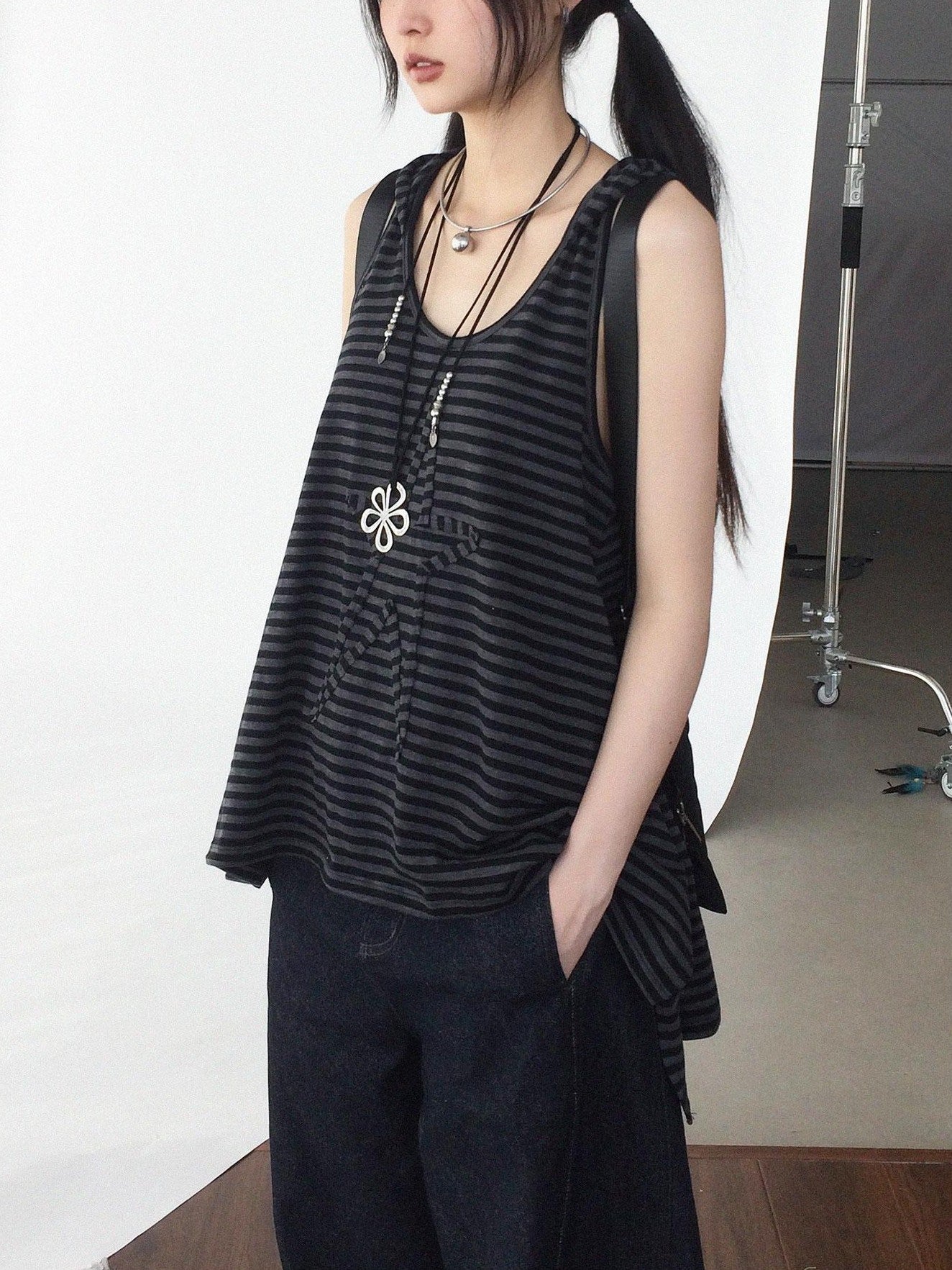 innomoood Tone On Tone Striped Star Hooded Women&