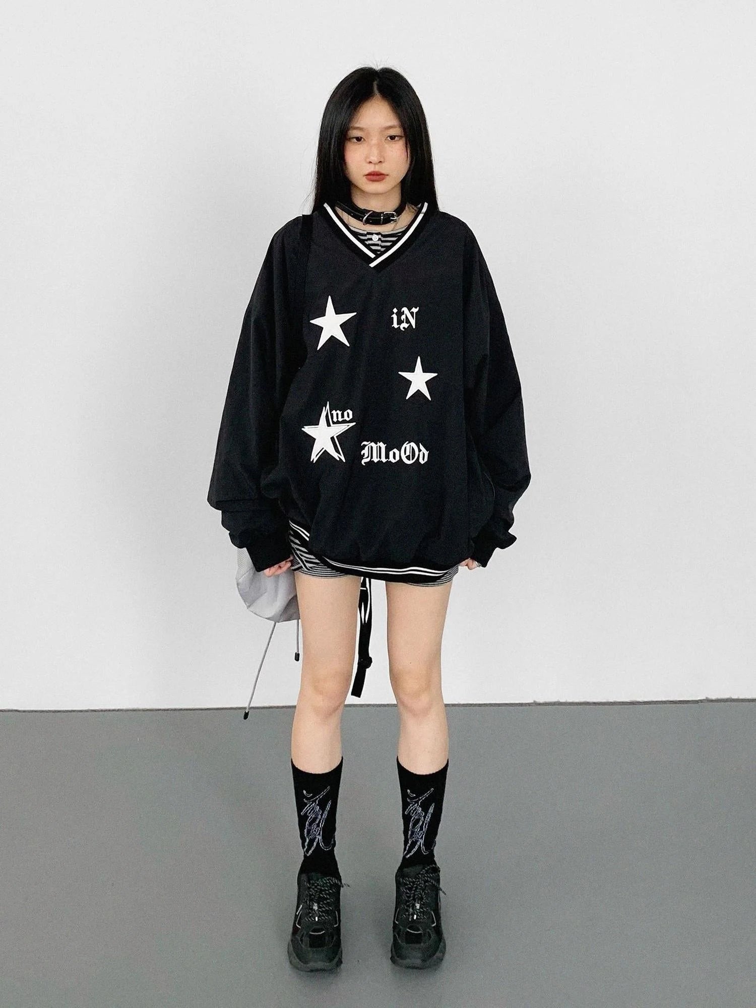 V-Neck Fleece Oversized Cropped Sweatshirt