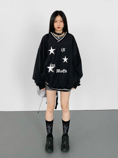 V-Neck Fleece Oversized Cropped Sweatshirt