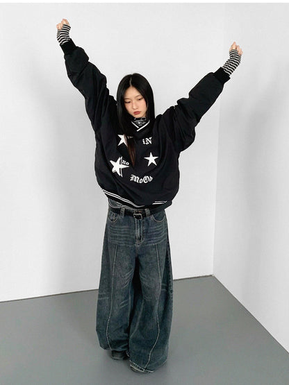 innomoood V-Neck Fleece Oversized Cropped Sweatshirt