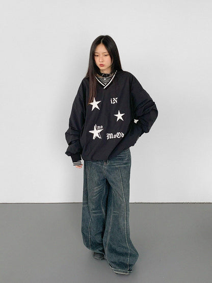 innomoood V-Neck Fleece Oversized Cropped Sweatshirt