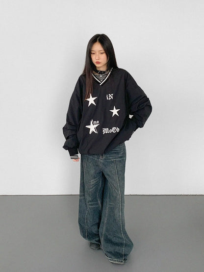 V-Neck Fleece Oversized Cropped Sweatshirt