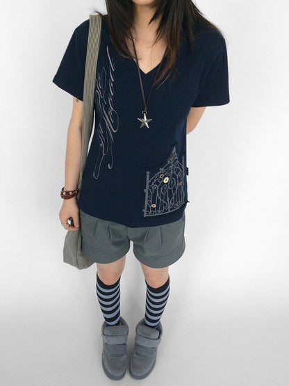 innomoood V-neck Cross Embroidery Print Women&