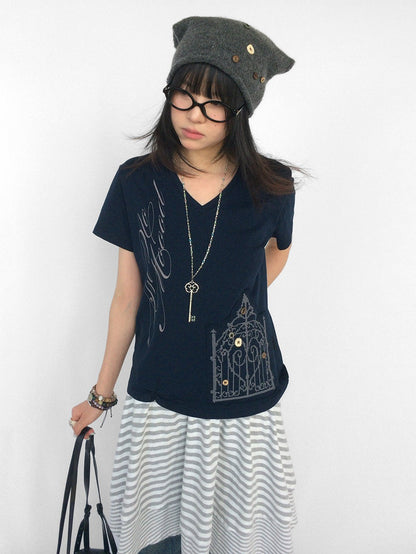 innomoood V-neck Cross Embroidery Print Women&