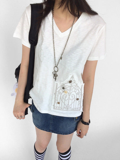 innomoood V-neck Cross Embroidery Print Women&