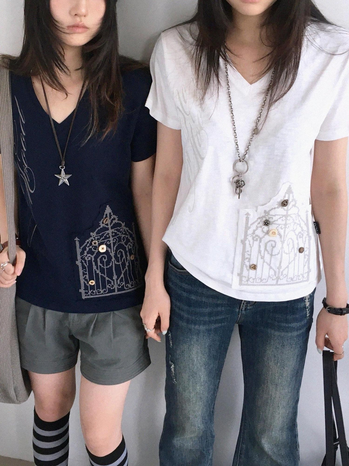 innomoood V-neck Cross Embroidery Print Women&