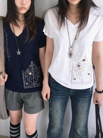 innomoood V-neck Cross Embroidery Print Women&