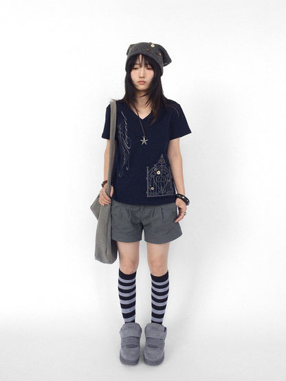 innomoood V-neck Cross Embroidery Print Women&