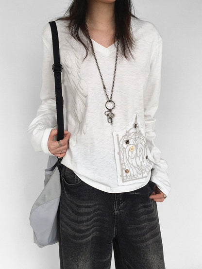 innomoood V-neck Print Cross Embroidery Women&