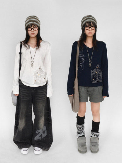 innomoood V-neck Print Cross Embroidery Women&