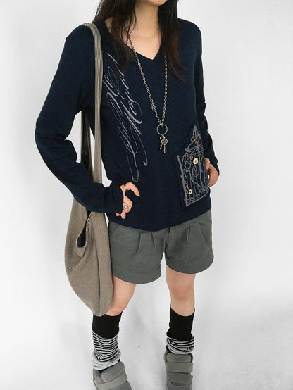 innomoood V-neck Print Cross Embroidery Women&