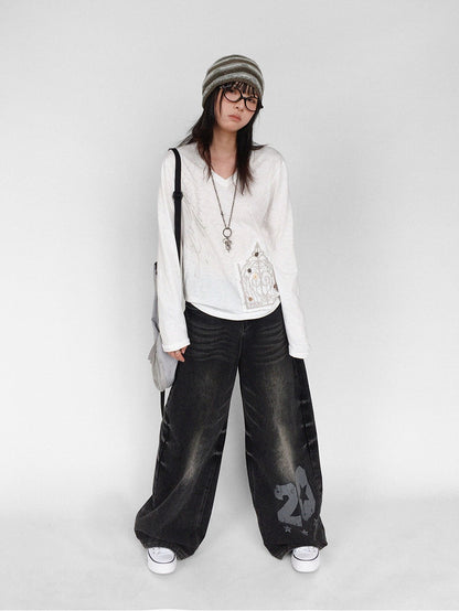 innomoood V-neck Print Cross Embroidery Women&