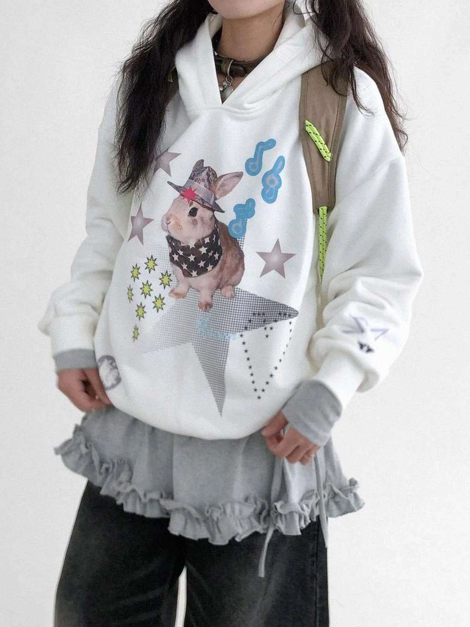 Vaporwave Bunny Graphic Fleece Hoodie