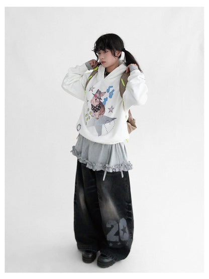 Vaporwave Bunny Graphic Fleece Hoodie