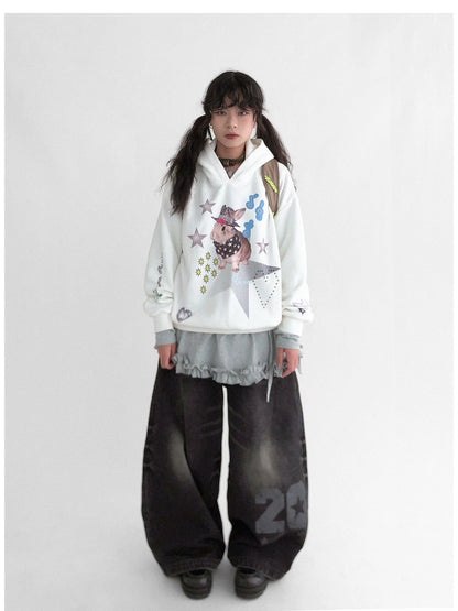 Vaporwave Bunny Graphic Fleece Hoodie