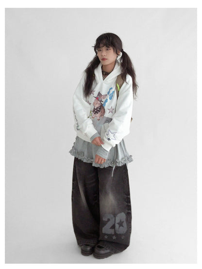 Vaporwave Bunny Graphic Fleece Hoodie