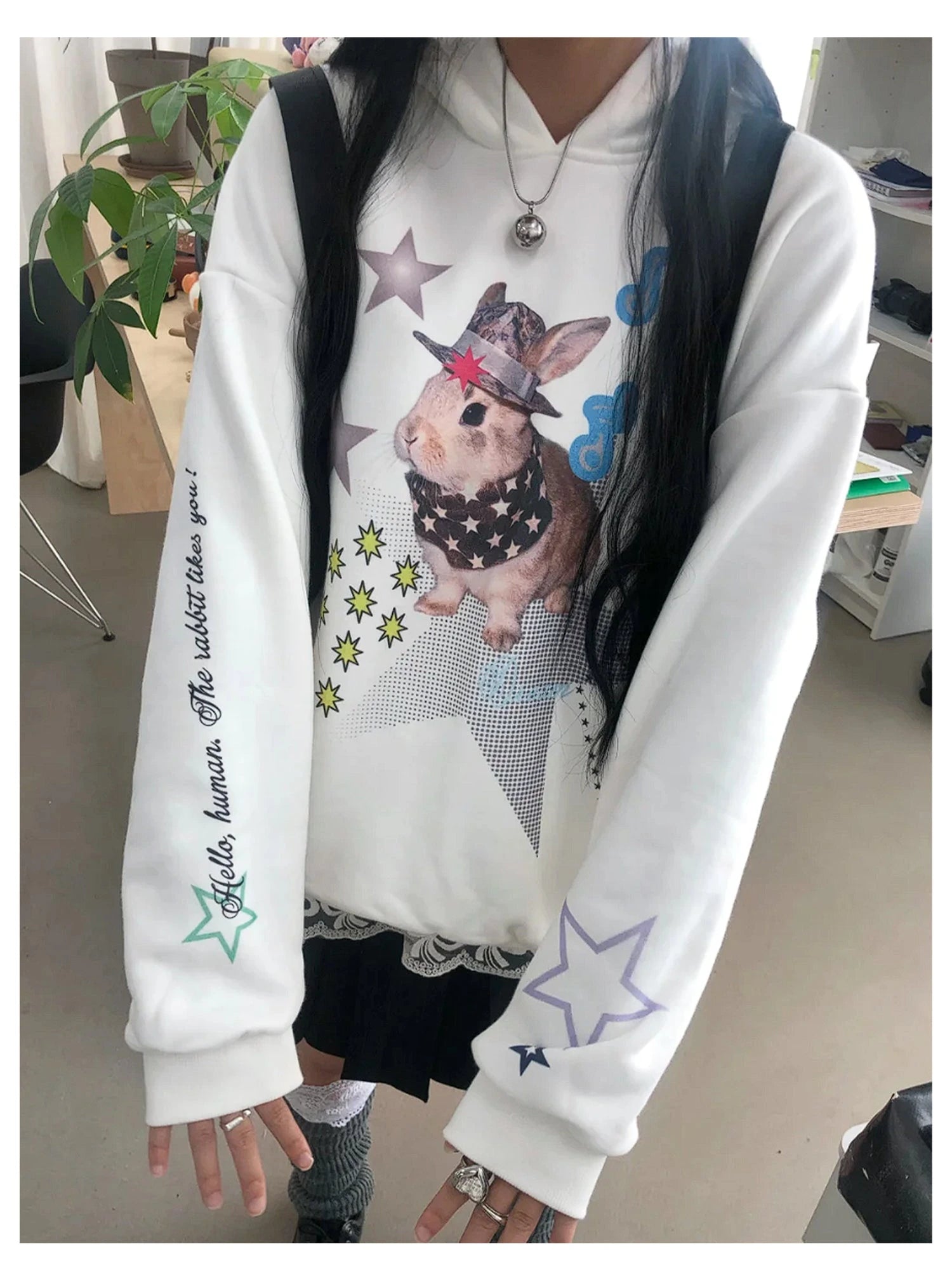 Vaporwave Bunny Graphic Fleece Hoodie