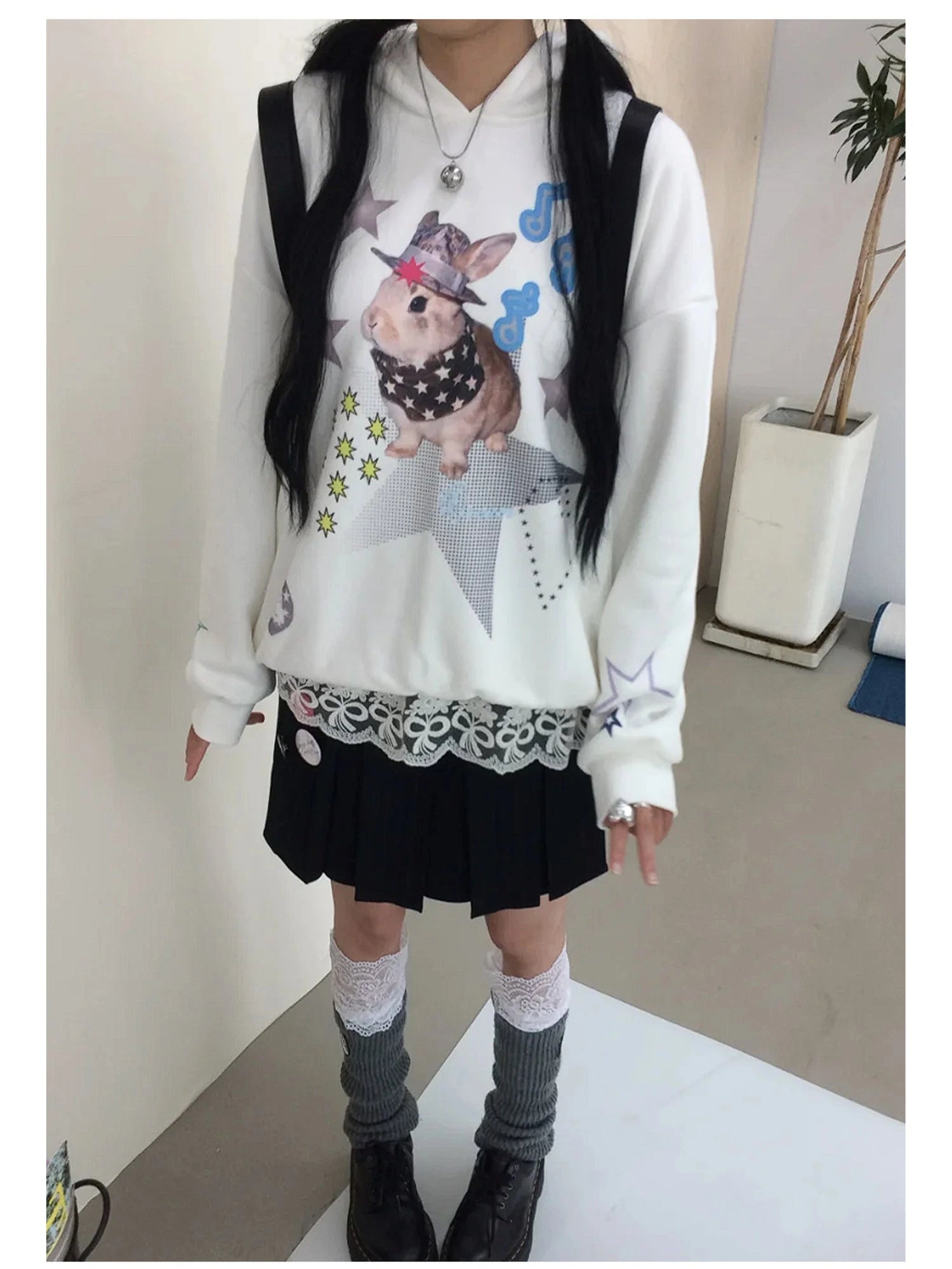 Vaporwave Bunny Graphic Fleece Hoodie