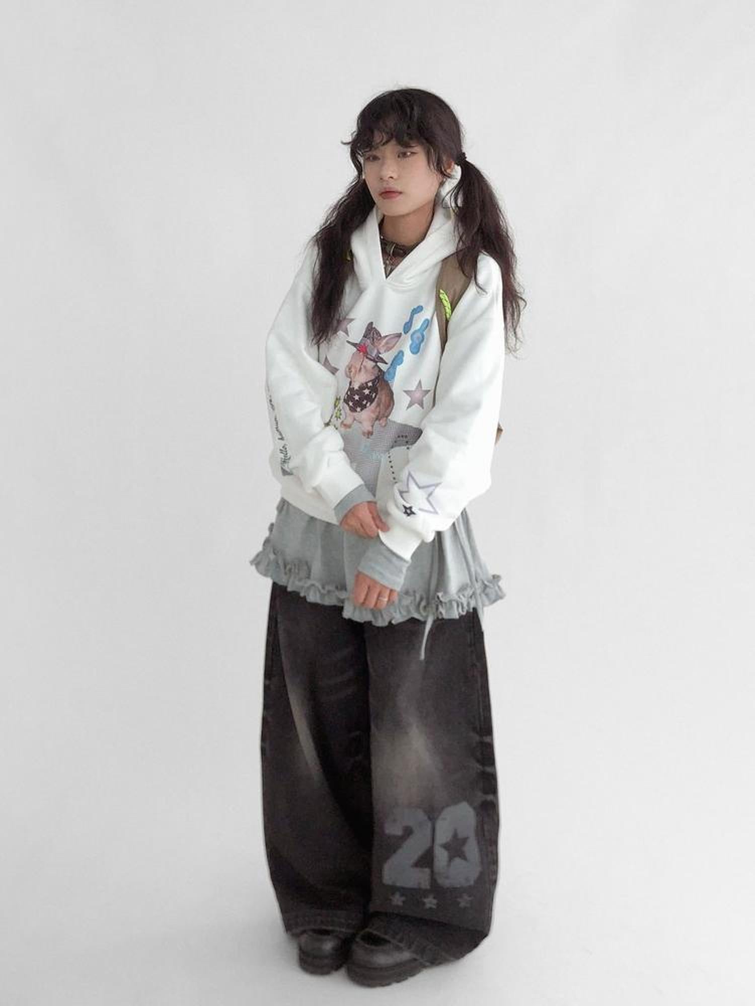 innomoood Vaporwave Bunny Graphic Fleece Hoodie
