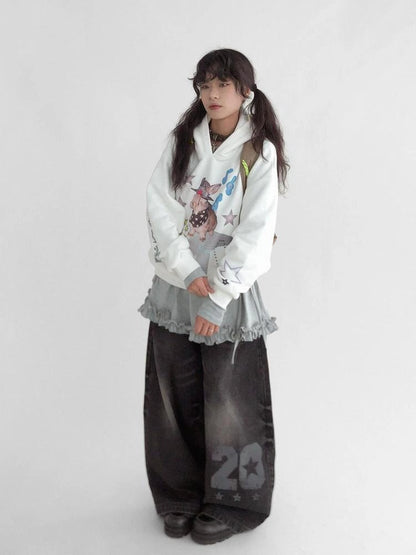 Vaporwave Bunny Graphic Fleece Hoodie