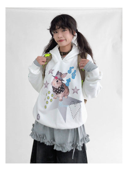 innomoood Vaporwave Bunny Graphic Fleece Hoodie