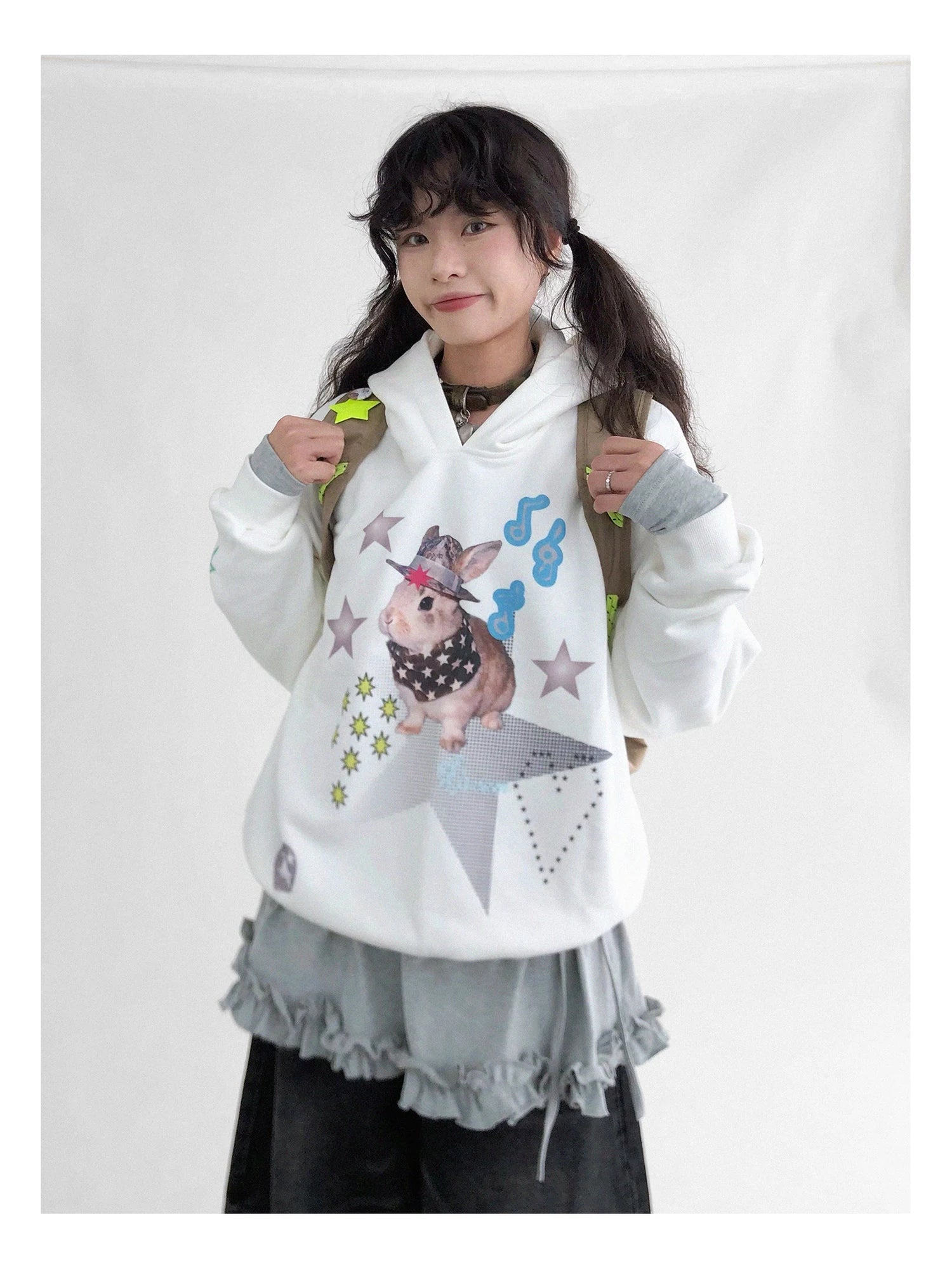 Vaporwave Bunny Graphic Fleece Hoodie