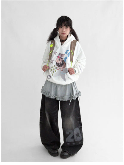 innomoood Vaporwave Bunny Graphic Fleece Hoodie