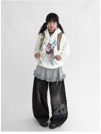 Vaporwave Bunny Graphic Fleece Hoodie