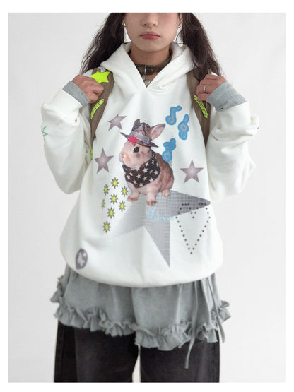 innomoood Vaporwave Bunny Graphic Fleece Hoodie