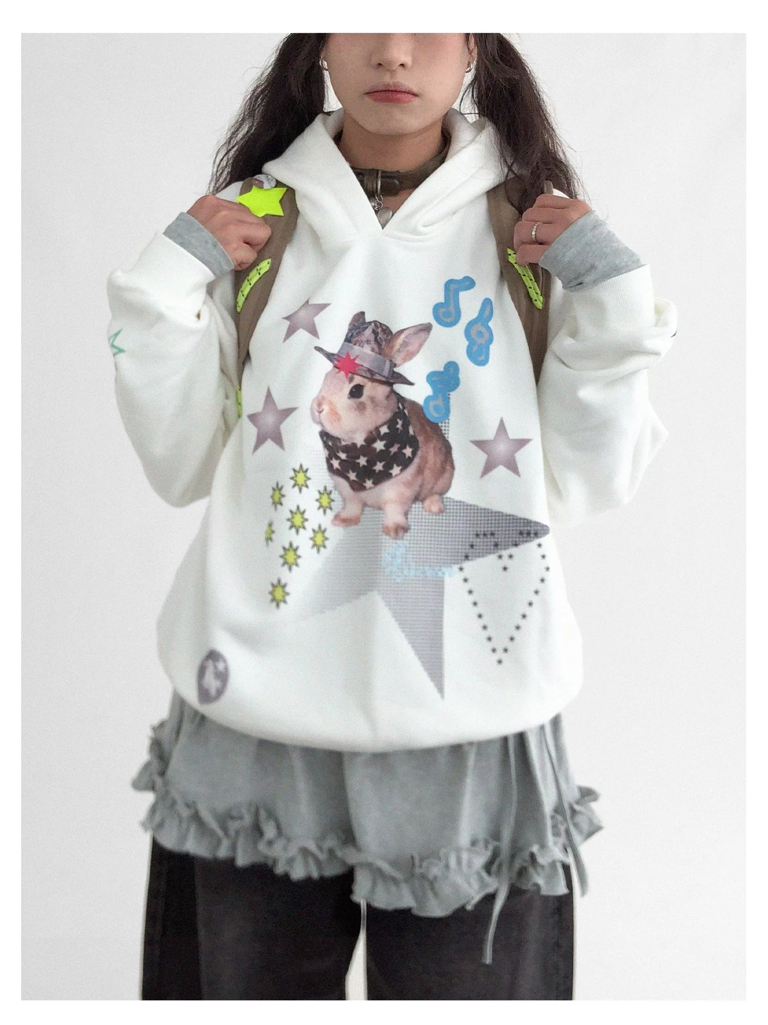 Vaporwave Bunny Graphic Fleece Hoodie