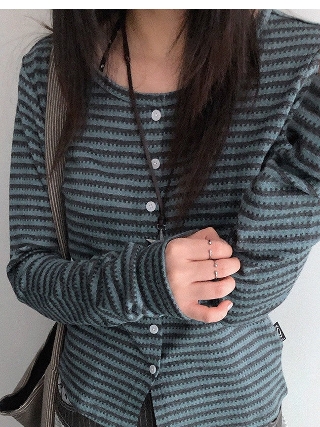 innomoood Variegated Striped Crew Neck Knit Women&